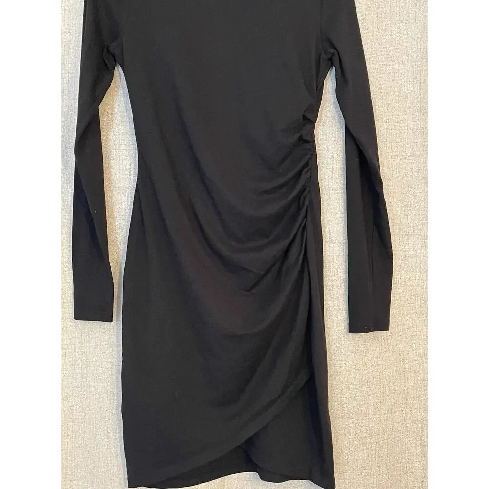 Leith Ruched Bodycon Dress Black Long Sleeve Knee Length Size Medium - Picture 2 of 5